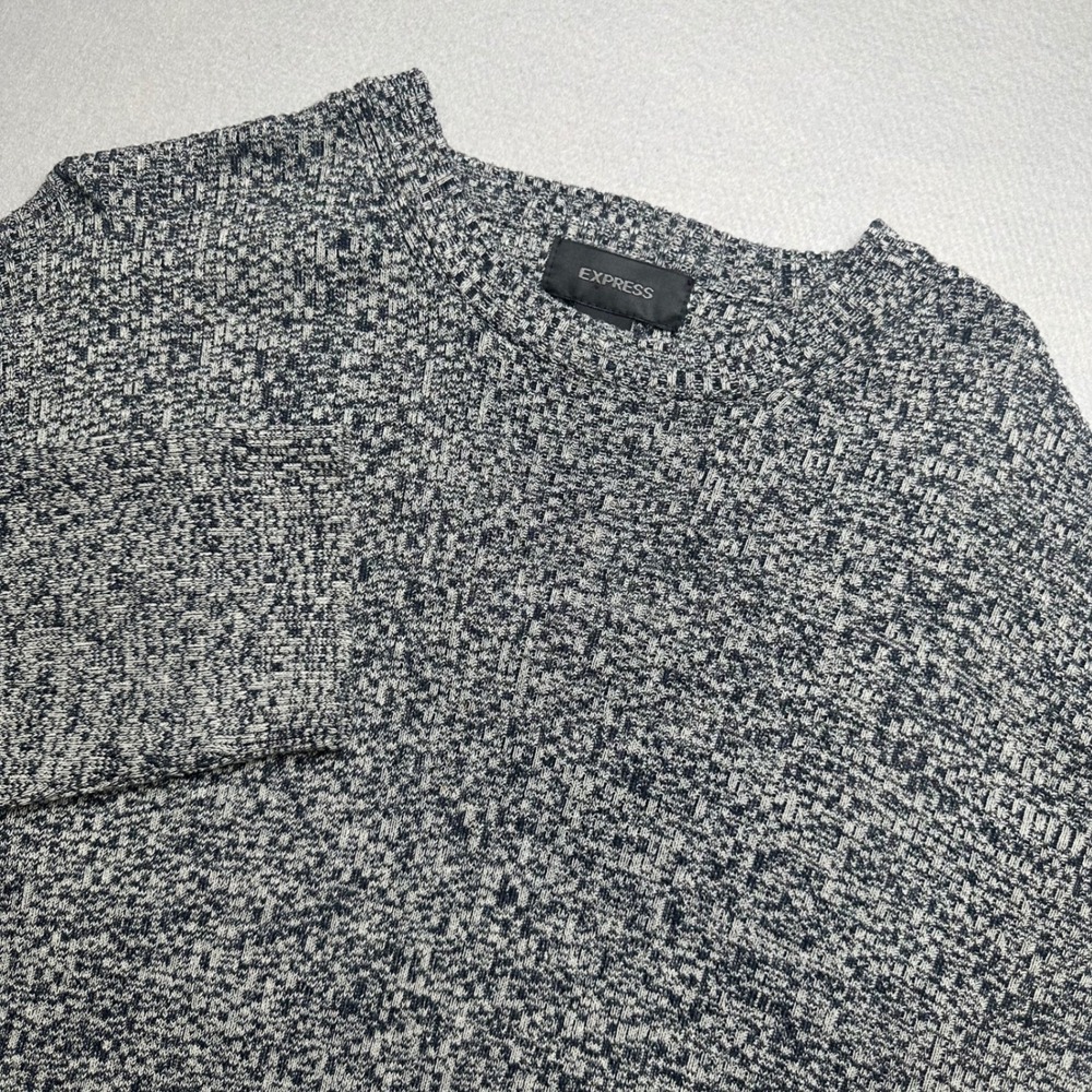 Express Sweater Mens XL Navy White Marled Cotton Crew Neck Pullover Long Sleeve
